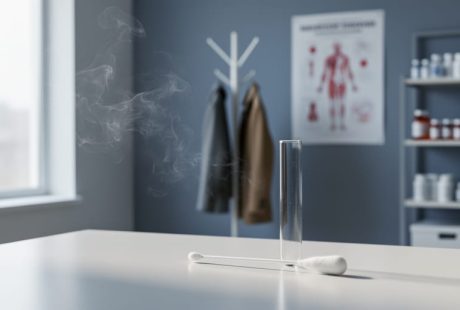 Soft indoor haze representing secondhand smoke drifting near testing tools like a lab tube and swab on a countertop, suggesting nicotine exposure evaluation and related risk assessment.