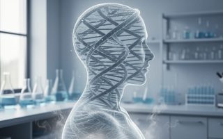 A profile silhouette made of translucent DNA strands with a subtle smoky haze and blurred laboratory equipment in the background, representing genetics research into tobacco dependence.