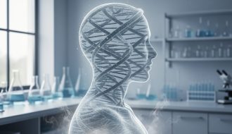 A profile silhouette made of translucent DNA strands with a subtle smoky haze and blurred laboratory equipment in the background, representing genetics research into tobacco dependence.