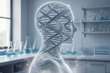 A profile silhouette made of translucent DNA strands with a subtle smoky haze and blurred laboratory equipment in the background, representing genetics research into tobacco dependence.