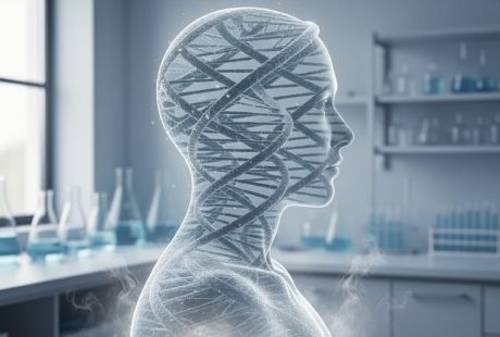 A profile silhouette made of translucent DNA strands with a subtle smoky haze and blurred laboratory equipment in the background, representing genetics research into tobacco dependence.