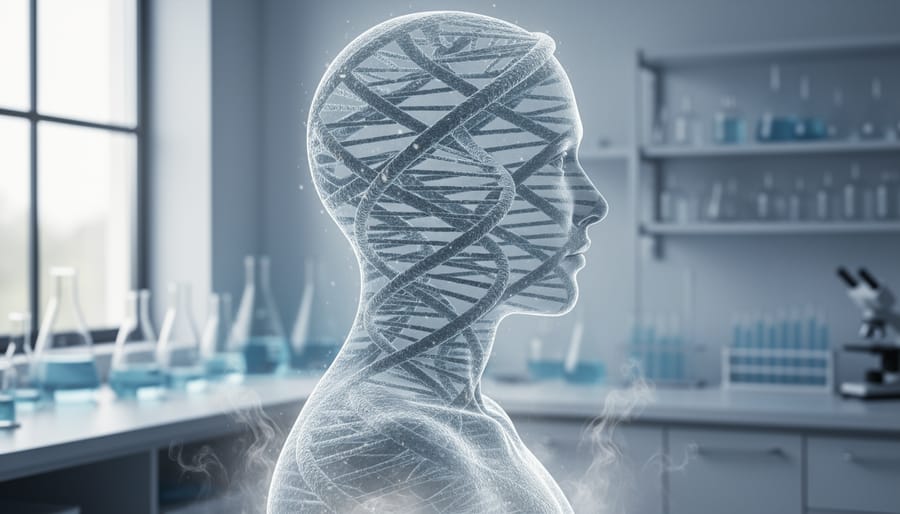 A profile silhouette made of translucent DNA strands with a subtle smoky haze and blurred laboratory equipment in the background, representing genetics research into tobacco dependence.