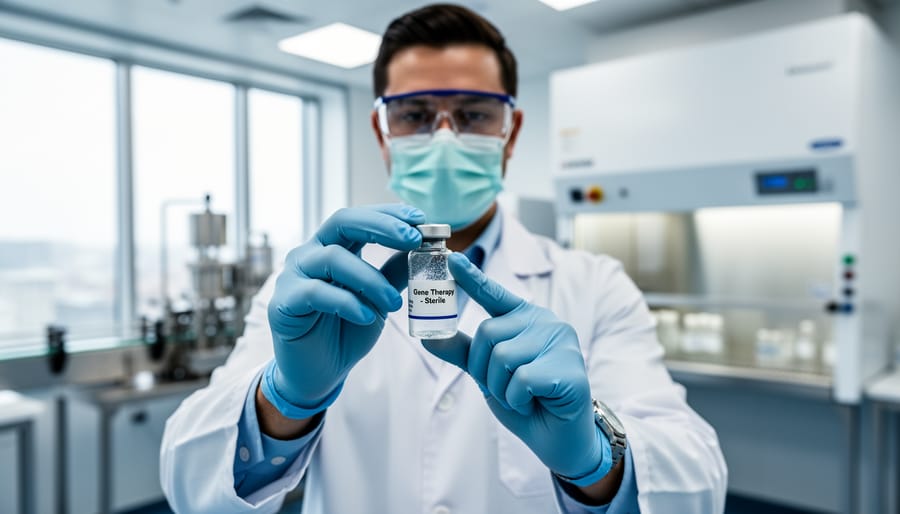 Clinician wearing gloves holding a sterile gene therapy vial in a modern laboratory.