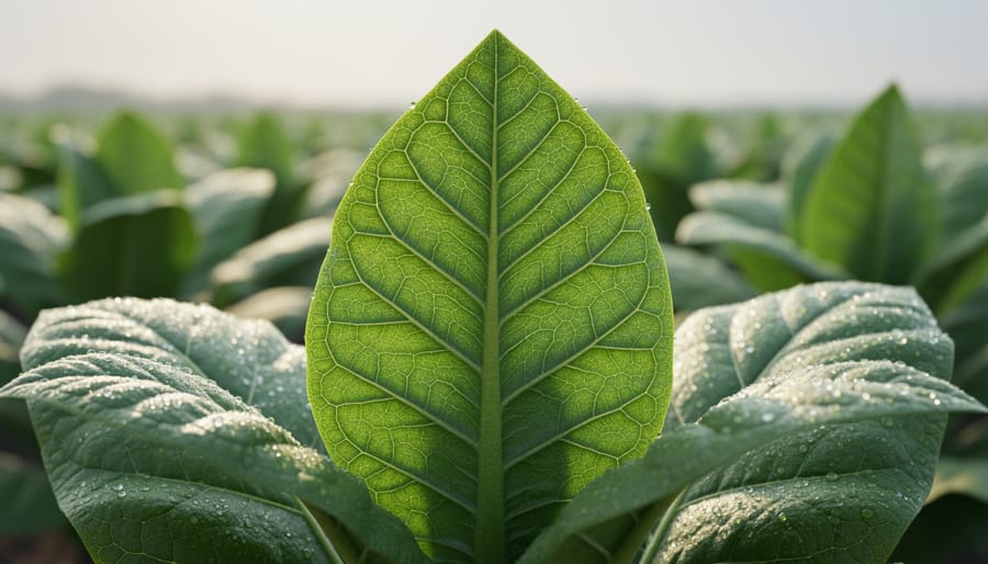 Close-up of tobacco plant leaves with dew droplets in natural light, suggesting nicotine exposure context.