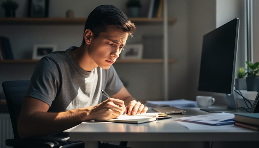 Warm bedside lamp lighting a notebook with a softly glowing laptop in the blurred background at night