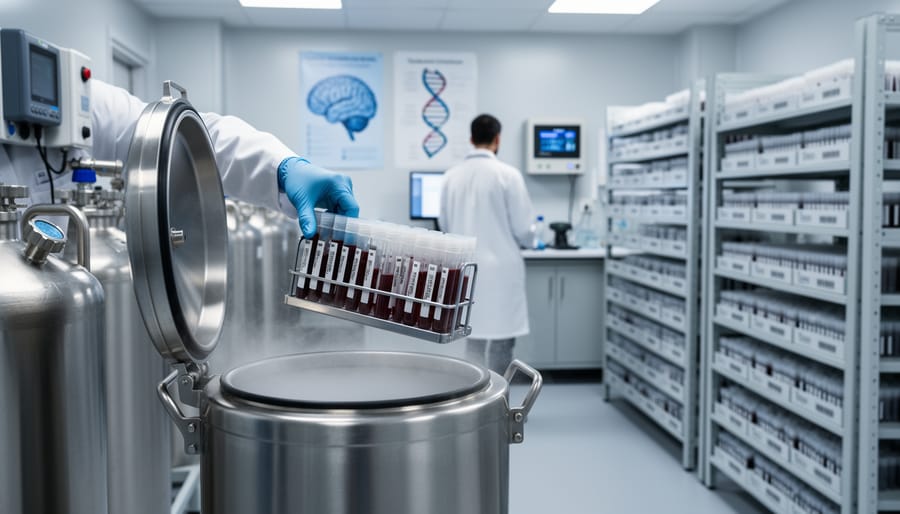 Cryogenic vial racks in a laboratory storage area with sealed samples