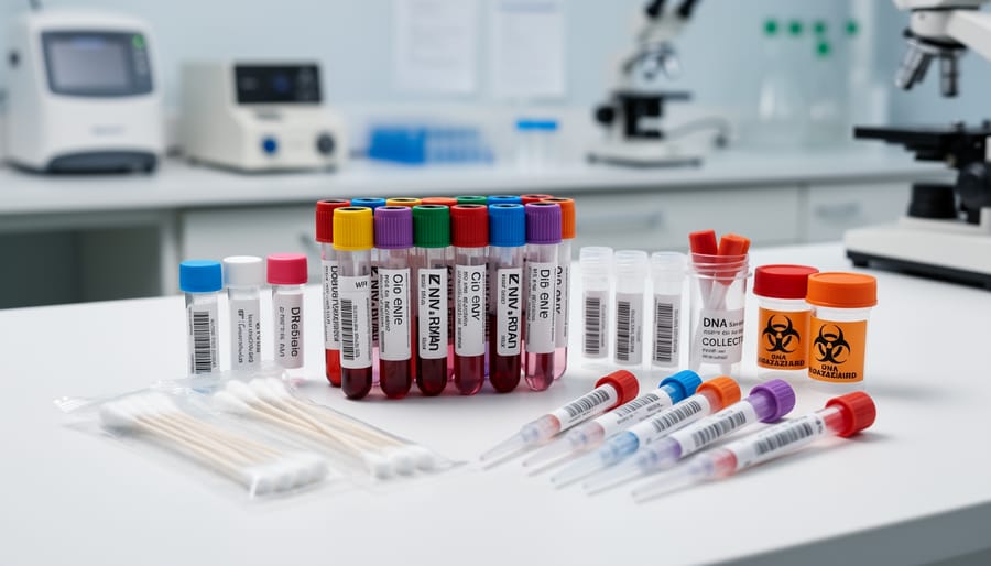 Close-up of a buccal swab and small sterile sample tube on a lab bench.