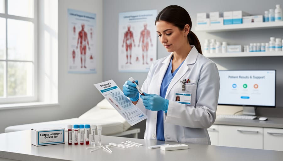 Healthcare professional and patient preparing a genetic testing kit with a swab in a clinic exam room.
