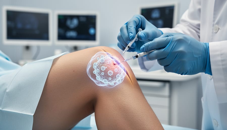 Gloved clinician preparing an injection syringe near a patient’s knee in a clinical setting, face not shown.