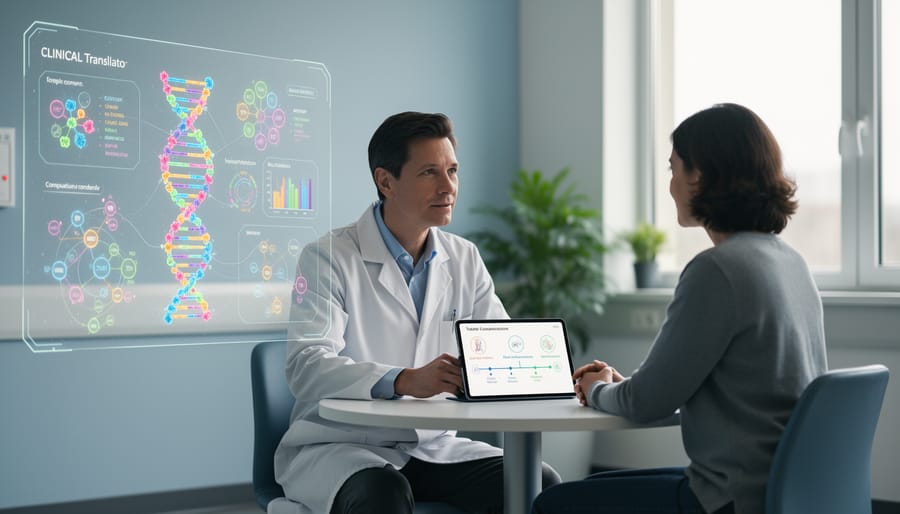 Clinician speaking with a patient in an office while holding a tablet with unreadable content