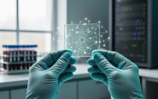 Gloved hands holding a transparent genomic sequencing chip with a holographic network of connected nodes above a clinical lab workstation.