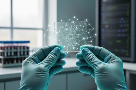 Gloved hands holding a transparent genomic sequencing chip with a holographic network of connected nodes above a clinical lab workstation.