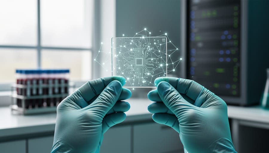 Gloved hands holding a transparent genomic sequencing chip with a holographic network of connected nodes above a clinical lab workstation.