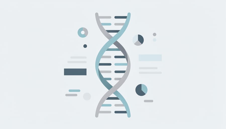 Brushed-metal DNA helix sculpture with drifting particles on a dark studio background