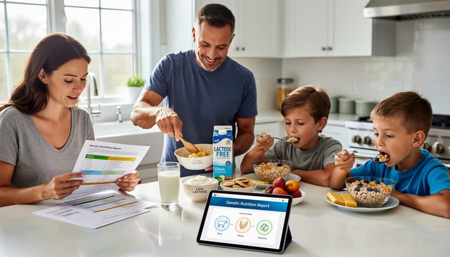 Family in a kitchen reviewing dairy options such as milk and lactose-free alternatives at a table.