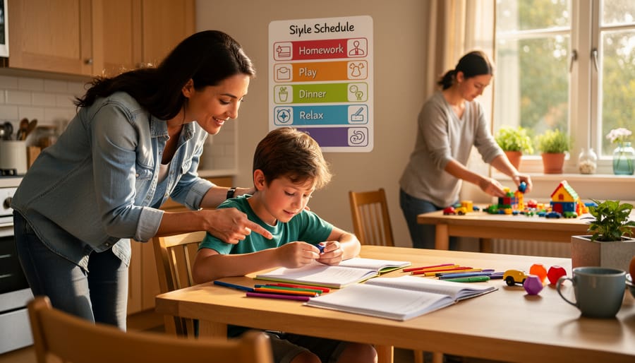 Caregiver and child sitting together at a table with learning materials in a home setting
