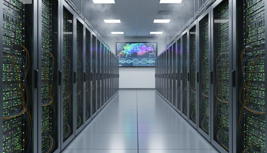 Wide view of a server room with illuminated racks and glowing fiber-optic lights