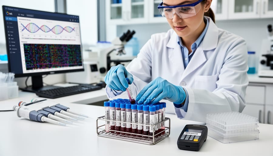 Gloved hands holding a specimen slide and vial beside a laptop in a modern lab setting