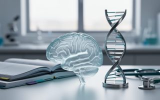 A translucent glass brain silhouette and a DNA double-helix sculpture on a desk with a softly blurred research-lab background.