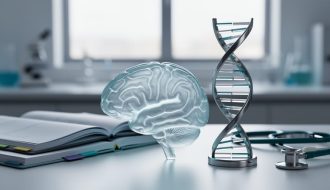 A translucent glass brain silhouette and a DNA double-helix sculpture on a desk with a softly blurred research-lab background.