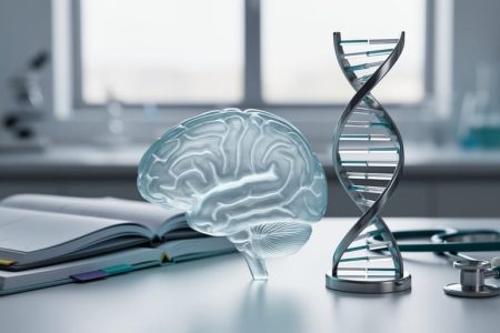 A translucent glass brain silhouette and a DNA double-helix sculpture on a desk with a softly blurred research-lab background.