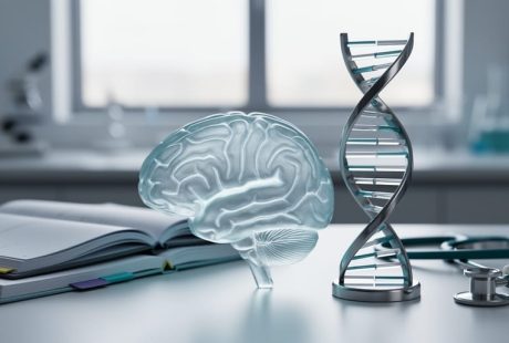 A translucent glass brain silhouette and a DNA double-helix sculpture on a desk with a softly blurred research-lab background.