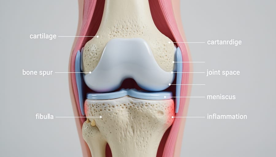 Close-up of a realistic knee joint model on a lab bench, emphasizing cartilage wear associated with osteoarthritis.