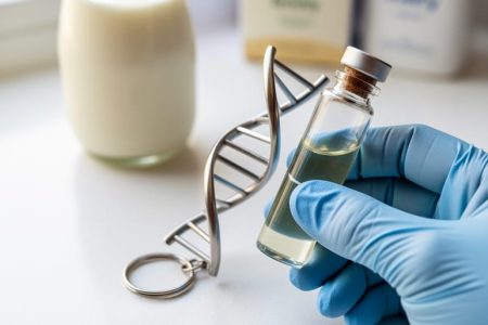 Clinician’s hands holding a small sample vial beside a DNA helix-shaped object with a softly blurred dairy item in the background.