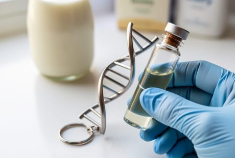 Clinician’s hands holding a small sample vial beside a DNA helix-shaped object with a softly blurred dairy item in the background.