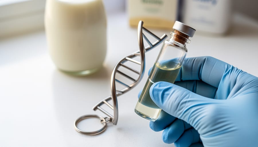 Clinician’s hands holding a small sample vial beside a DNA helix-shaped object with a softly blurred dairy item in the background.