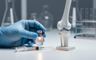 Gloved clinician hand holding a vial next to a syringe beside a sterile joint model in a laboratory, representing osteoarthritis gene therapy research.