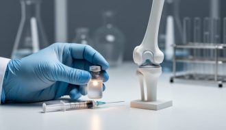 Gloved clinician hand holding a vial next to a syringe beside a sterile joint model in a laboratory, representing osteoarthritis gene therapy research.