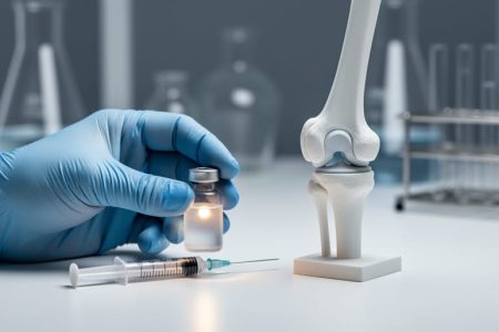 Gloved clinician hand holding a vial next to a syringe beside a sterile joint model in a laboratory, representing osteoarthritis gene therapy research.